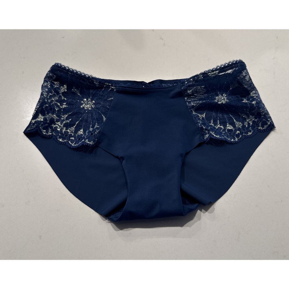 Victoria’s Secret‎ Blue Metallic Lace Sheer Panel Hiphuger Panty